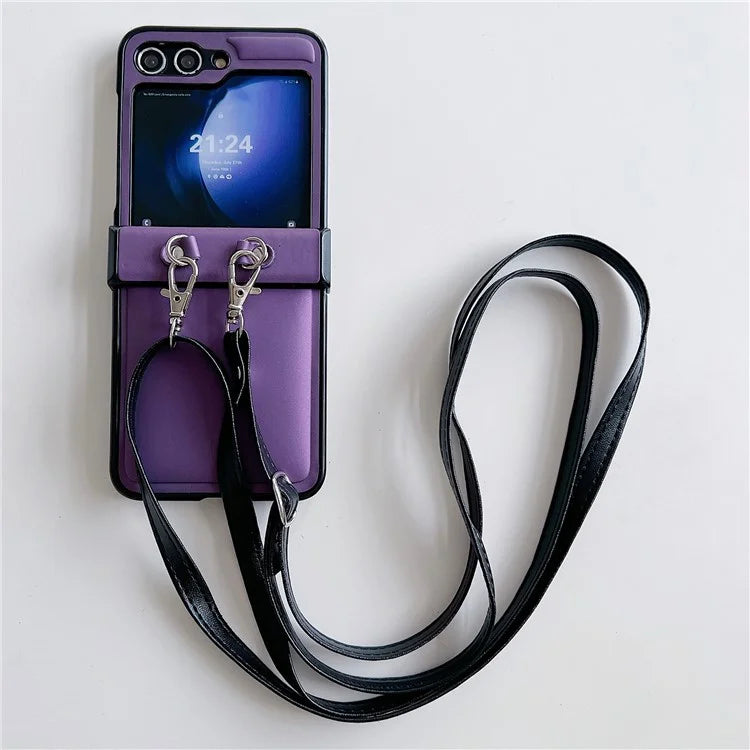 For Samsung Galaxy Z Flip5 5G Case PU Leather Coated PC Phone Cover with Crossbody Strap