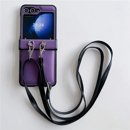 For Samsung Galaxy Z Flip5 5G Case PU Leather Coated PC Phone Cover with Crossbody Strap