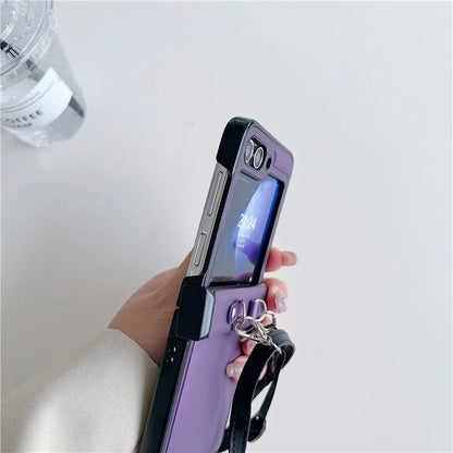 For Samsung Galaxy Z Flip5 5G Case PU Leather Coated PC Phone Cover with Crossbody Strap