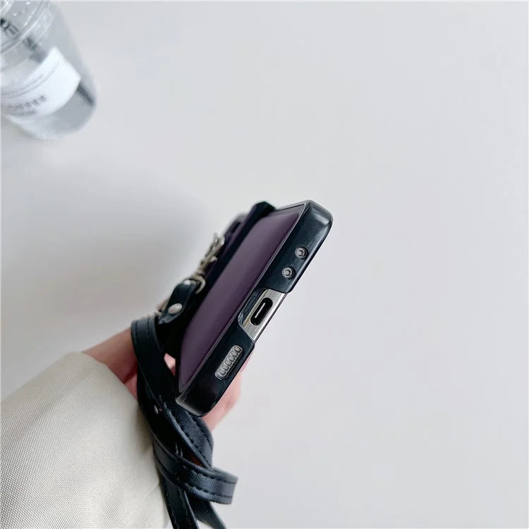 For Samsung Galaxy Z Flip5 5G Case PU Leather Coated PC Phone Cover with Crossbody Strap
