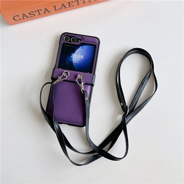 For Samsung Galaxy Z Flip5 5G Case PU Leather Coated PC Phone Cover with Crossbody Strap