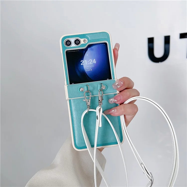 For Samsung Galaxy Z Flip5 5G Case PU Leather Coated PC Phone Cover with Crossbody Strap