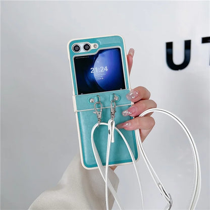 For Samsung Galaxy Z Flip5 5G Case PU Leather Coated PC Phone Cover with Crossbody Strap