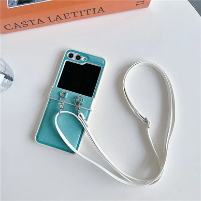 For Samsung Galaxy Z Flip5 5G Case PU Leather Coated PC Phone Cover with Crossbody Strap