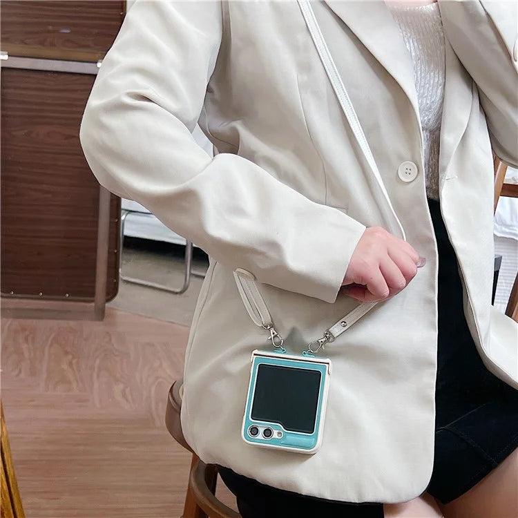 For Samsung Galaxy Z Flip5 5G Case PU Leather Coated PC Phone Cover with Crossbody Strap