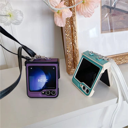 For Samsung Galaxy Z Flip5 5G Case PU Leather Coated PC Phone Cover with Crossbody Strap