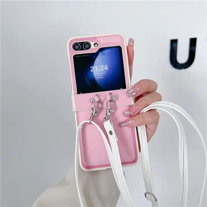 For Samsung Galaxy Z Flip5 5G Case PU Leather Coated PC Phone Cover with Crossbody Strap