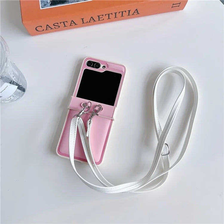 For Samsung Galaxy Z Flip5 5G Case PU Leather Coated PC Phone Cover with Crossbody Strap
