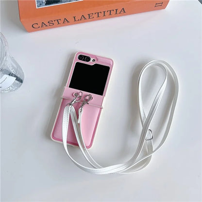 For Samsung Galaxy Z Flip5 5G Case PU Leather Coated PC Phone Cover with Crossbody Strap