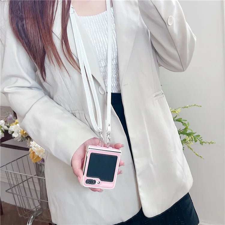 For Samsung Galaxy Z Flip5 5G Case PU Leather Coated PC Phone Cover with Crossbody Strap