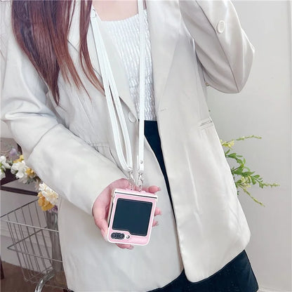 For Samsung Galaxy Z Flip5 5G Case PU Leather Coated PC Phone Cover with Crossbody Strap