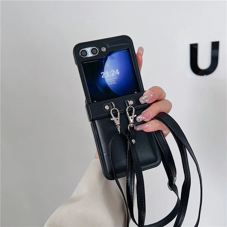 For Samsung Galaxy Z Flip5 5G Case PU Leather Coated PC Phone Cover with Crossbody Strap