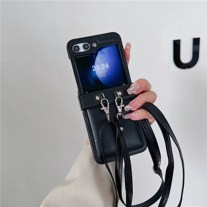 For Samsung Galaxy Z Flip5 5G Case PU Leather Coated PC Phone Cover with Crossbody Strap