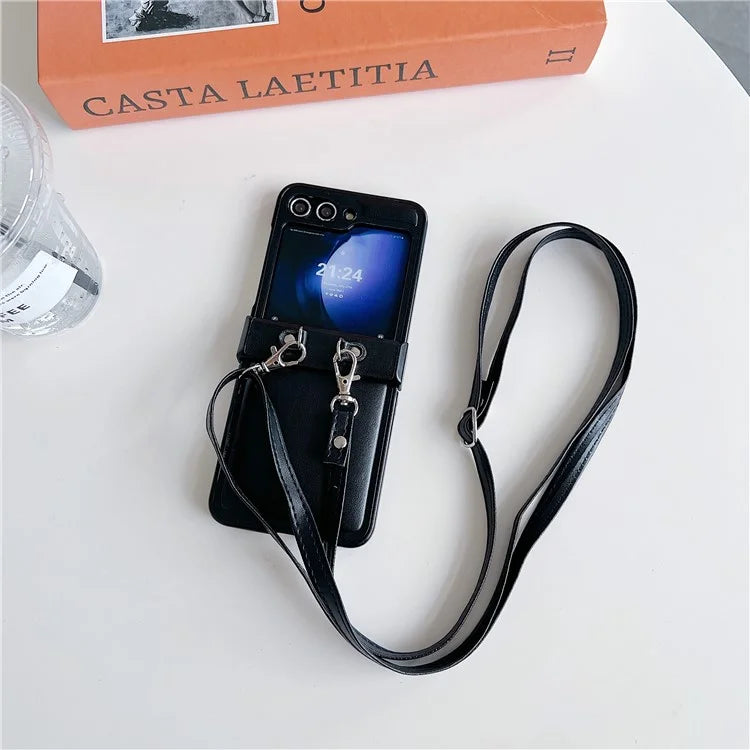 For Samsung Galaxy Z Flip5 5G Case PU Leather Coated PC Phone Cover with Crossbody Strap