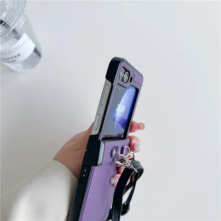 For Samsung Galaxy Z Flip5 5G Case PU Leather Coated PC Phone Cover with Crossbody Strap