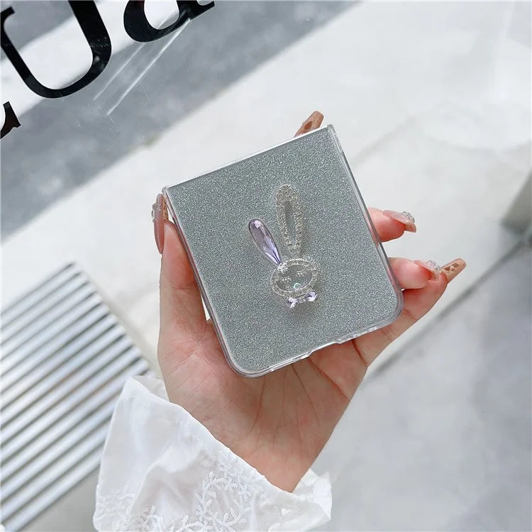 For Samsung Galaxy Z Flip5 5G Hard PC Case Rabbit Design Phone Cover with Glitter Paper