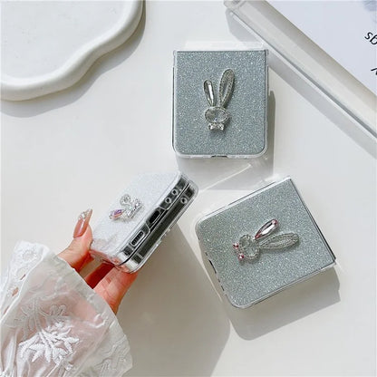 For Samsung Galaxy Z Flip5 5G Hard PC Case Rabbit Design Phone Cover with Glitter Paper