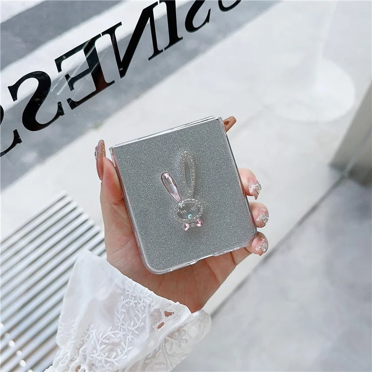 For Samsung Galaxy Z Flip5 5G Hard PC Case Rabbit Design Phone Cover with Glitter Paper