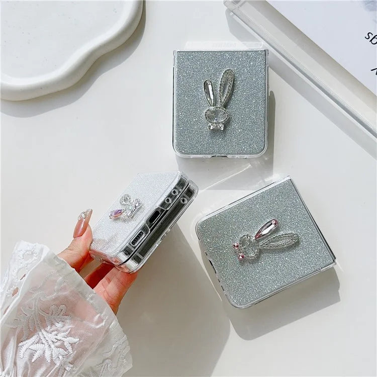 For Samsung Galaxy Z Flip5 5G Hard PC Case Rabbit Design Phone Cover with Glitter Paper