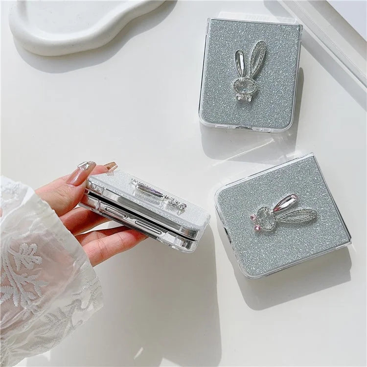 For Samsung Galaxy Z Flip5 5G Hard PC Case Rabbit Design Phone Cover with Glitter Paper