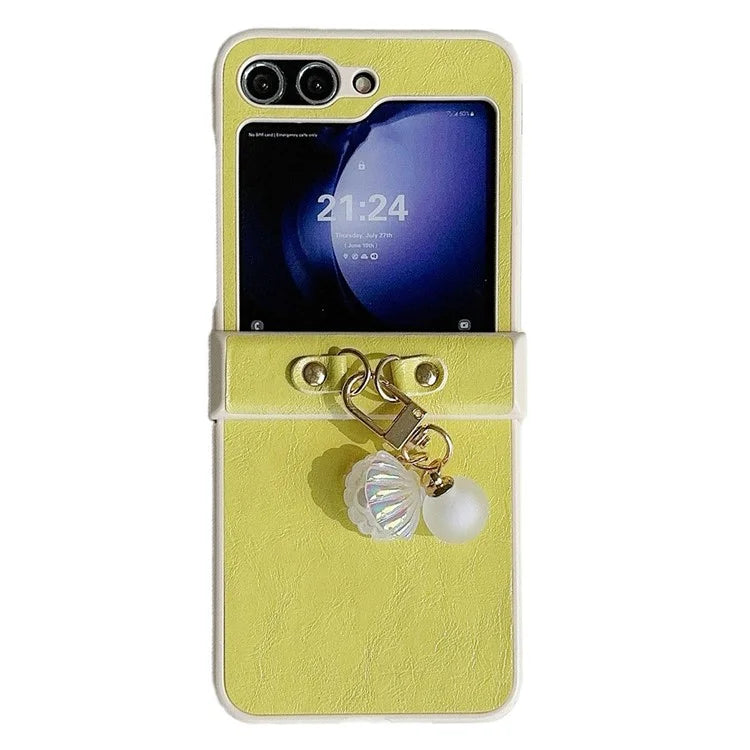 For Samsung Galaxy Z Flip5 5G Case PU Leather+PC Phone Shell with Pendant Crazy Horse Texture
