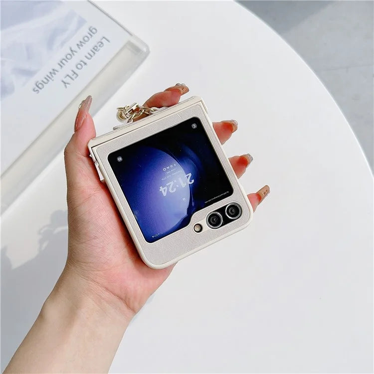 For Samsung Galaxy Z Flip5 5G Case PU Leather+PC Phone Shell with Pendant Crazy Horse Texture
