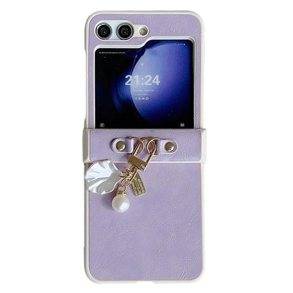 For Samsung Galaxy Z Flip5 5G Case PU Leather+PC Phone Shell with Pendant Crazy Horse Texture