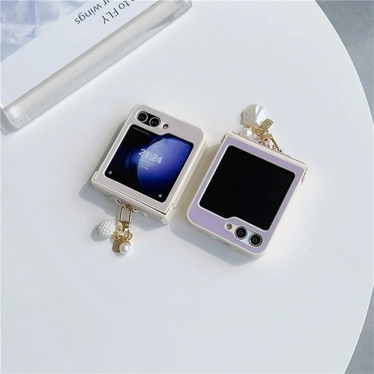 For Samsung Galaxy Z Flip5 5G Case PU Leather+PC Phone Shell with Pendant Crazy Horse Texture