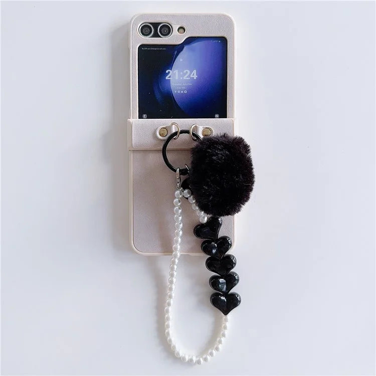 For Samsung Galaxy Z Flip5 5G Case Crazy Horse Texture PU+PC Phone Cover with Pompom Pearl Chain