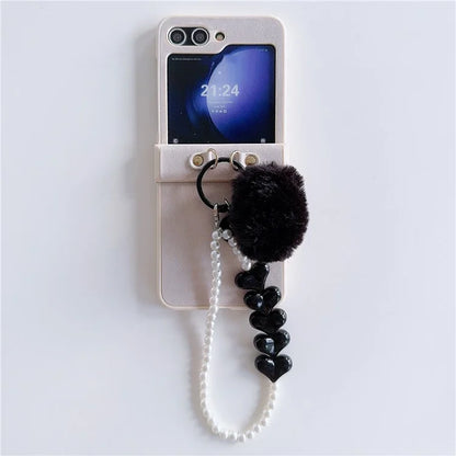 For Samsung Galaxy Z Flip5 5G Case Crazy Horse Texture PU+PC Phone Cover with Pompom Pearl Chain