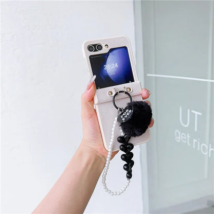 For Samsung Galaxy Z Flip5 5G Case Crazy Horse Texture PU+PC Phone Cover with Pompom Pearl Chain