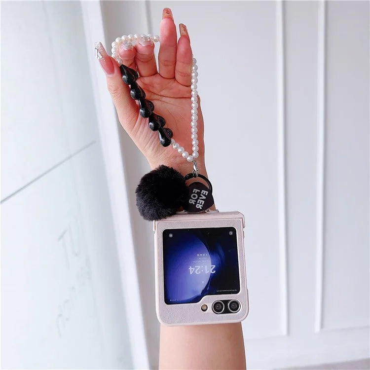 For Samsung Galaxy Z Flip5 5G Case Crazy Horse Texture PU+PC Phone Cover with Pompom Pearl Chain