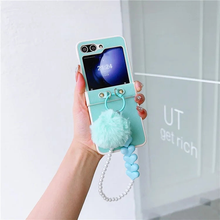 For Samsung Galaxy Z Flip5 5G Case Crazy Horse Texture PU+PC Phone Cover with Pompom Pearl Chain