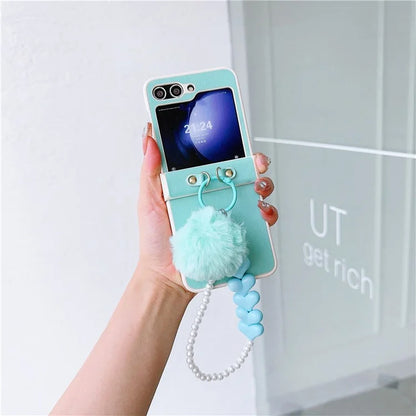 For Samsung Galaxy Z Flip5 5G Case Crazy Horse Texture PU+PC Phone Cover with Pompom Pearl Chain