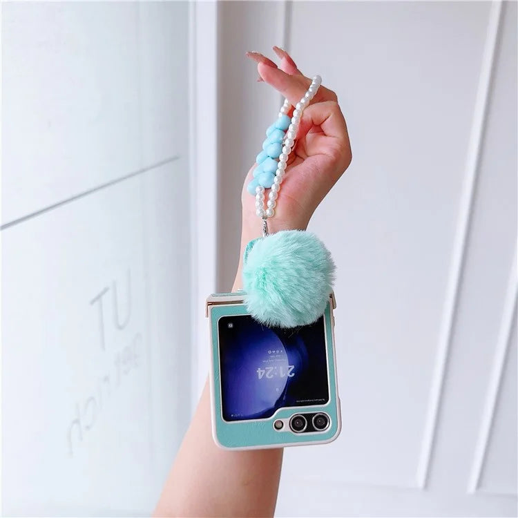 For Samsung Galaxy Z Flip5 5G Case Crazy Horse Texture PU+PC Phone Cover with Pompom Pearl Chain