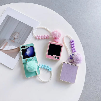 For Samsung Galaxy Z Flip5 5G Case Crazy Horse Texture PU+PC Phone Cover with Pompom Pearl Chain