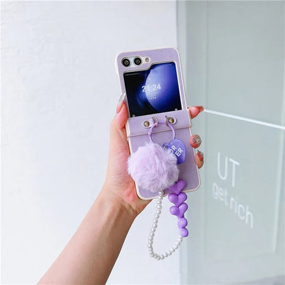 For Samsung Galaxy Z Flip5 5G Case Crazy Horse Texture PU+PC Phone Cover with Pompom Pearl Chain