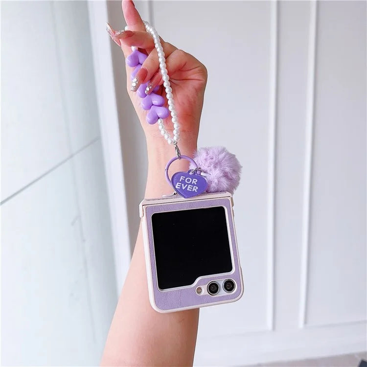 For Samsung Galaxy Z Flip5 5G Case Crazy Horse Texture PU+PC Phone Cover with Pompom Pearl Chain