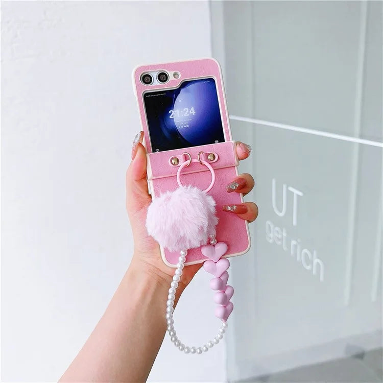 For Samsung Galaxy Z Flip5 5G Case Crazy Horse Texture PU+PC Phone Cover with Pompom Pearl Chain