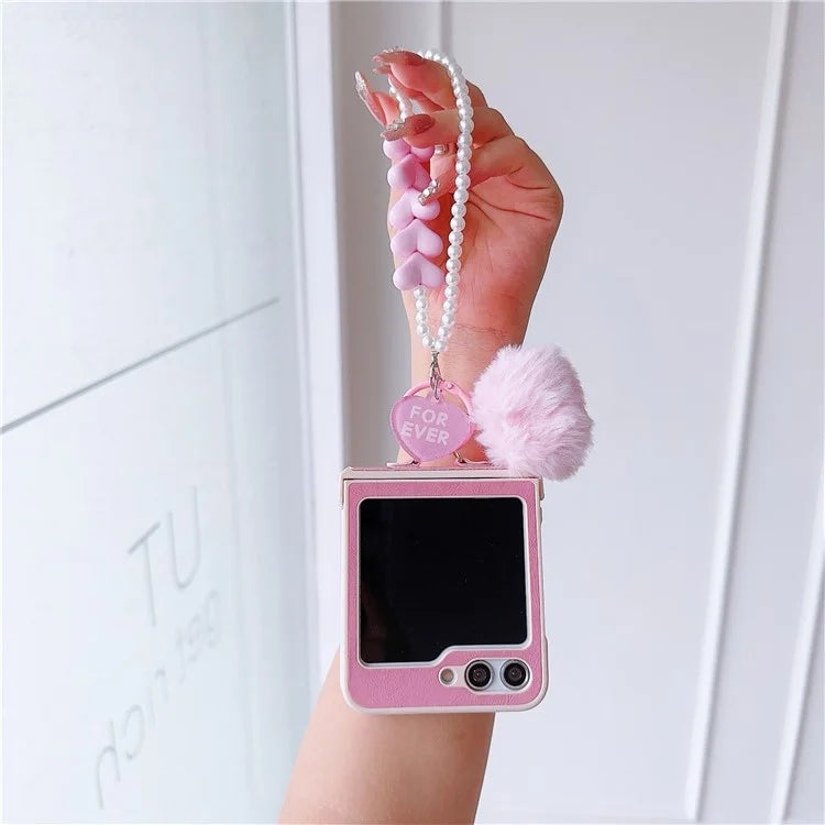 For Samsung Galaxy Z Flip5 5G Case Crazy Horse Texture PU+PC Phone Cover with Pompom Pearl Chain