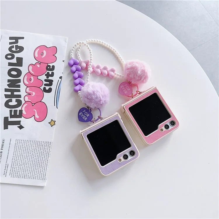 For Samsung Galaxy Z Flip5 5G Case Crazy Horse Texture PU+PC Phone Cover with Pompom Pearl Chain