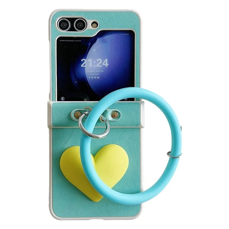 For Samsung Galaxy Z Flip5 5G Cover PU Leather+PC Phone Protective Case with Round Wristband Crazy Horse Texture