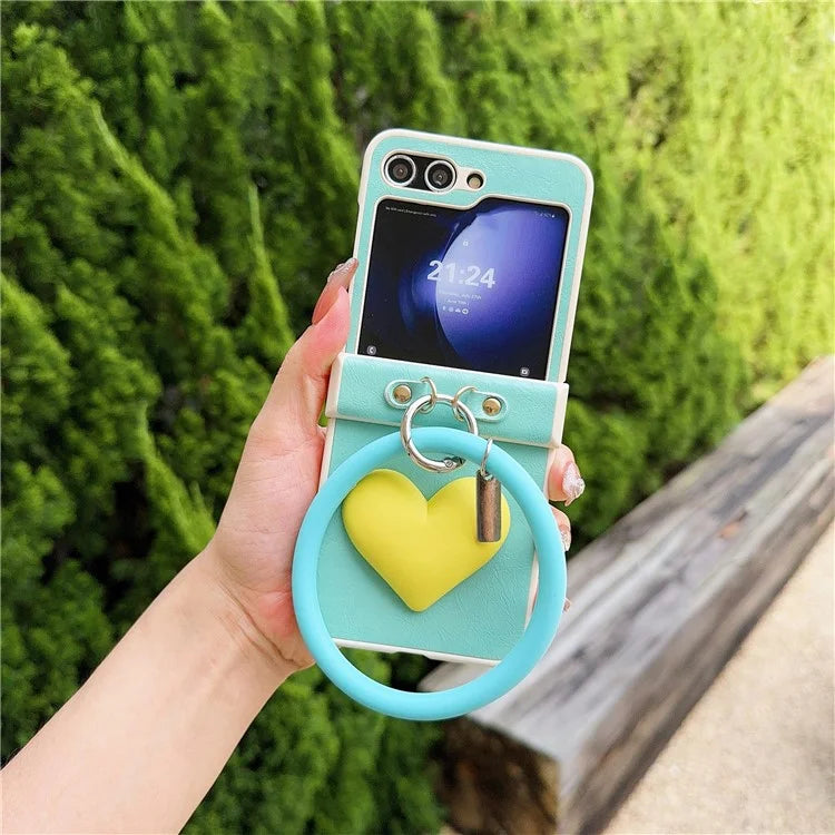 For Samsung Galaxy Z Flip5 5G Cover PU Leather+PC Phone Protective Case with Round Wristband Crazy Horse Texture
