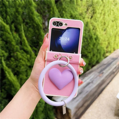 For Samsung Galaxy Z Flip5 5G Cover PU Leather+PC Phone Protective Case with Round Wristband Crazy Horse Texture