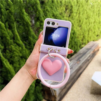 For Samsung Galaxy Z Flip5 5G Cover PU Leather+PC Phone Protective Case with Round Wristband Crazy Horse Texture