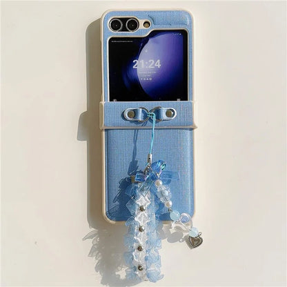 For Samsung Galaxy Z Flip5 5G Cross Texture PU Leather+PC Phone Case with Lace Beaded Pendant
