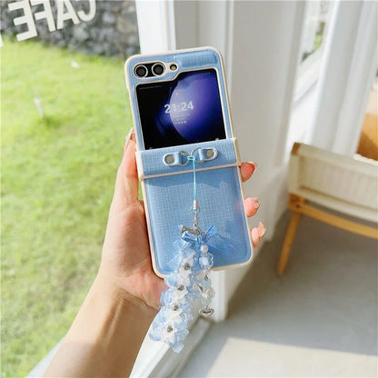 For Samsung Galaxy Z Flip5 5G Cross Texture PU Leather+PC Phone Case with Lace Beaded Pendant