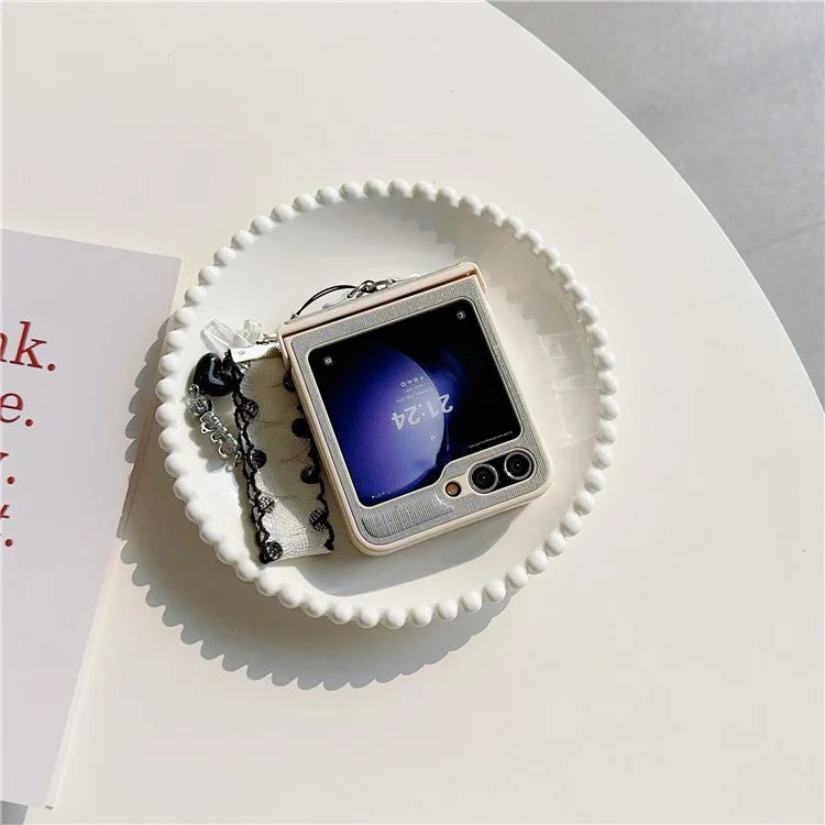 For Samsung Galaxy Z Flip5 5G Cross Texture PU Leather+PC Phone Case with Lace Beaded Pendant