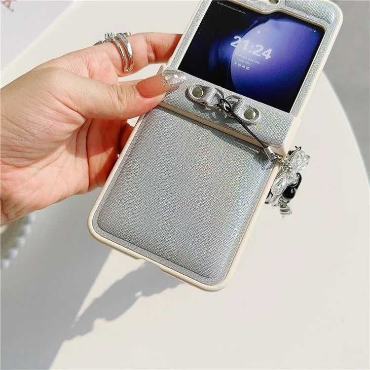 For Samsung Galaxy Z Flip5 5G Cross Texture PU Leather+PC Phone Case with Lace Beaded Pendant