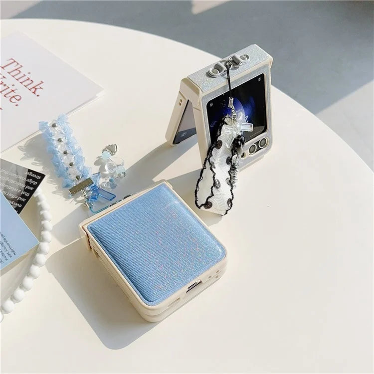For Samsung Galaxy Z Flip5 5G Cross Texture PU Leather+PC Phone Case with Lace Beaded Pendant